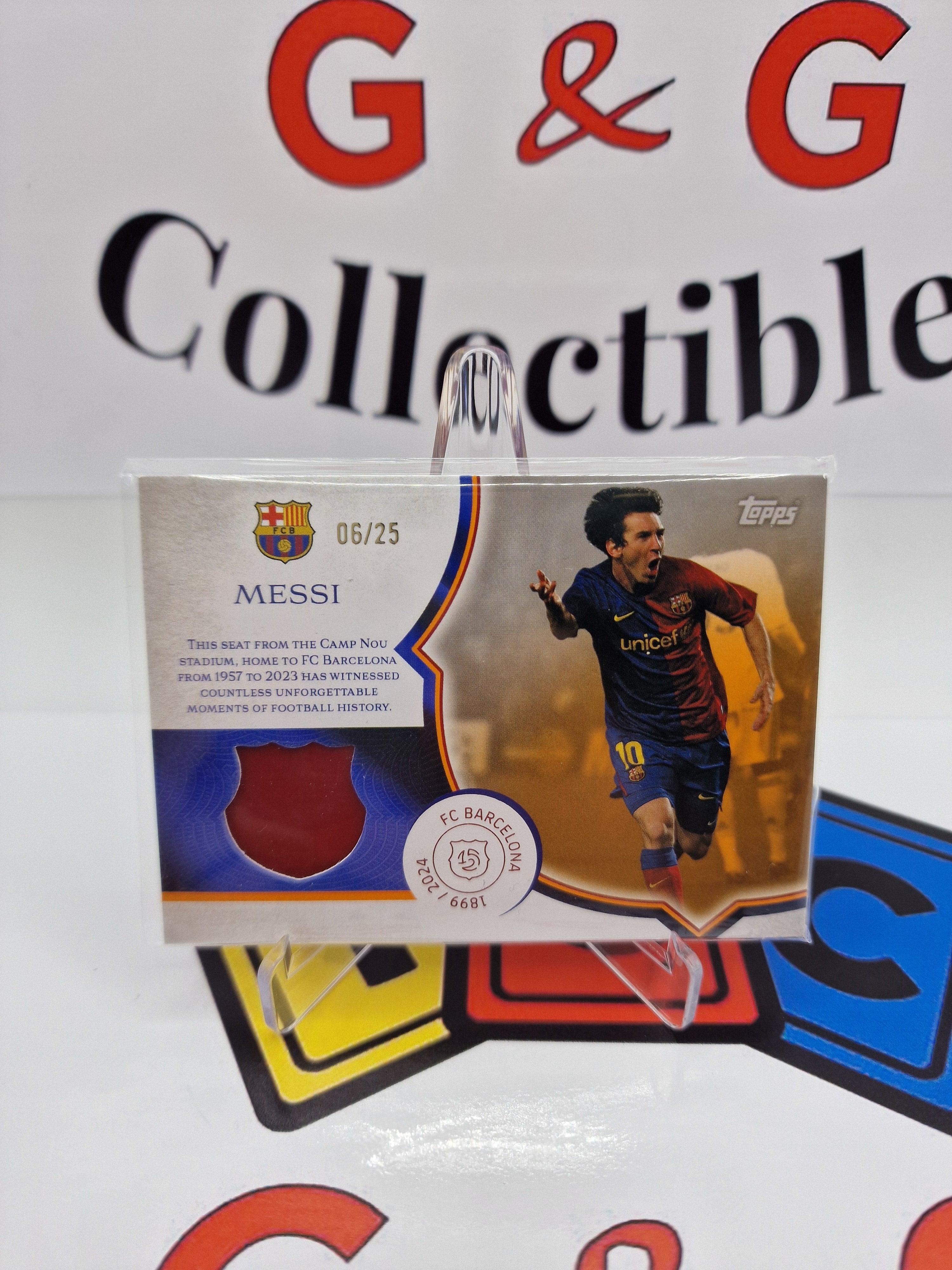 topps barcelona lionel messi numbered 06/25 with stadium relict