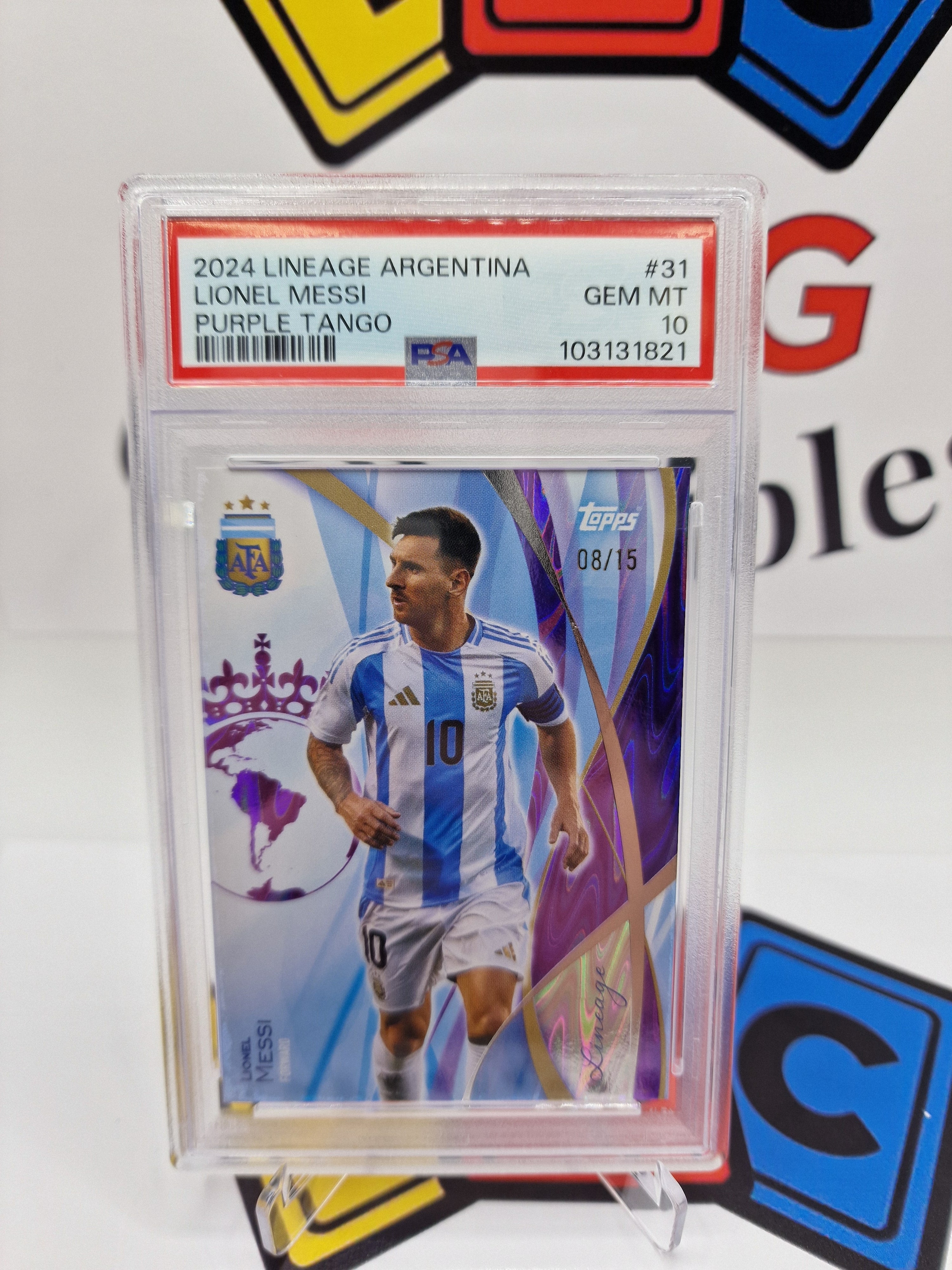 topps ARG lionel messi numbered 08/15 in the world PSA 10